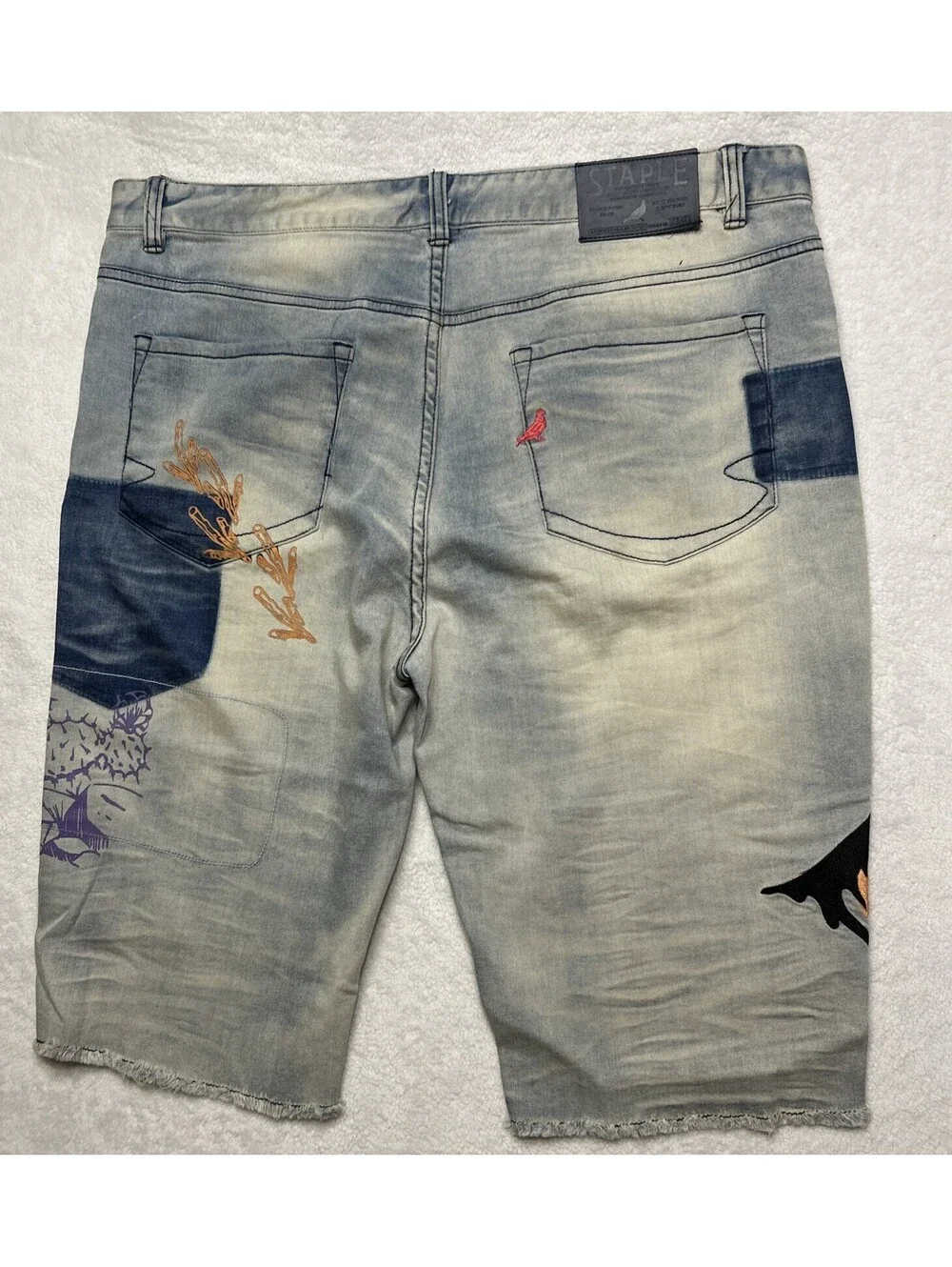Staple Pigeon Blue Distressed Embroidered Design Bermuda Denim Shorts Mens 38